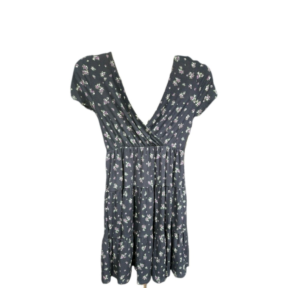 SM Floral Ribbed Knit Tiered Mini Dress Short Sleeve V-Neck Back Tie